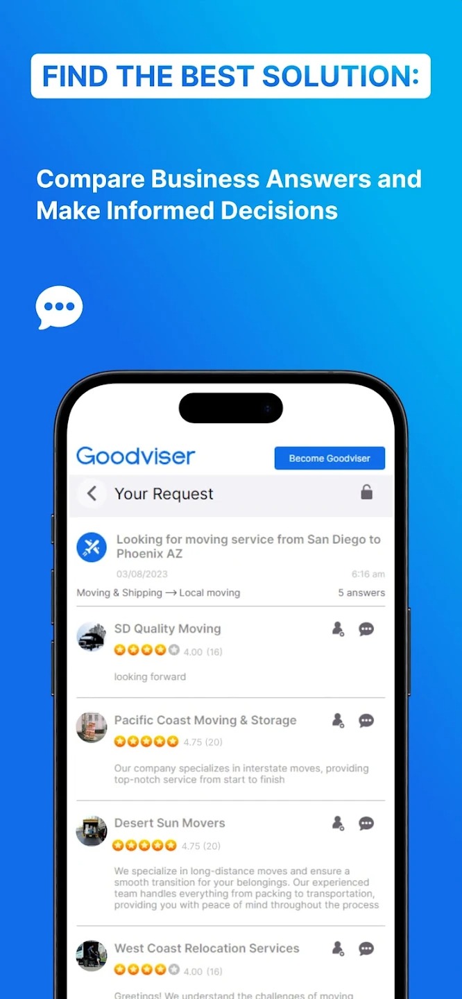 Goodviser app screen showing customers comparing business answers to make an informed decision.